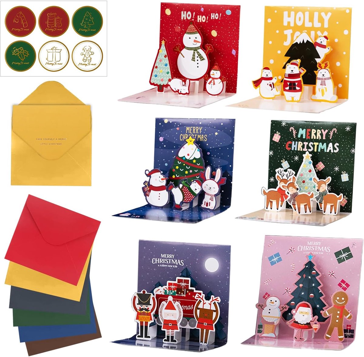 SnelShoppen - Pack van 6 3D Kerstkaarten Pop Up Kaarten Grappige 3D Kerstkaarten met Envelop en Stickers Vouwkaarten Kerst Postkaarten met Diverse Pop