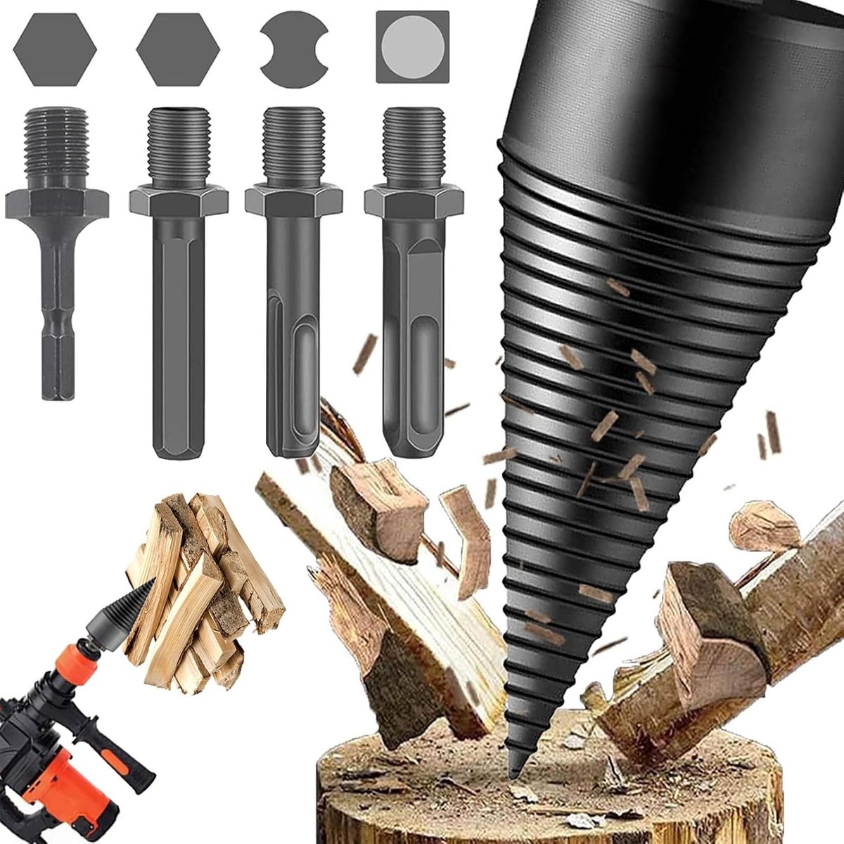 Houtsplijtboor set van 50 mm met 4 handvatten voor houtsplijten, ideaal voor haardhout en elektrische hamer