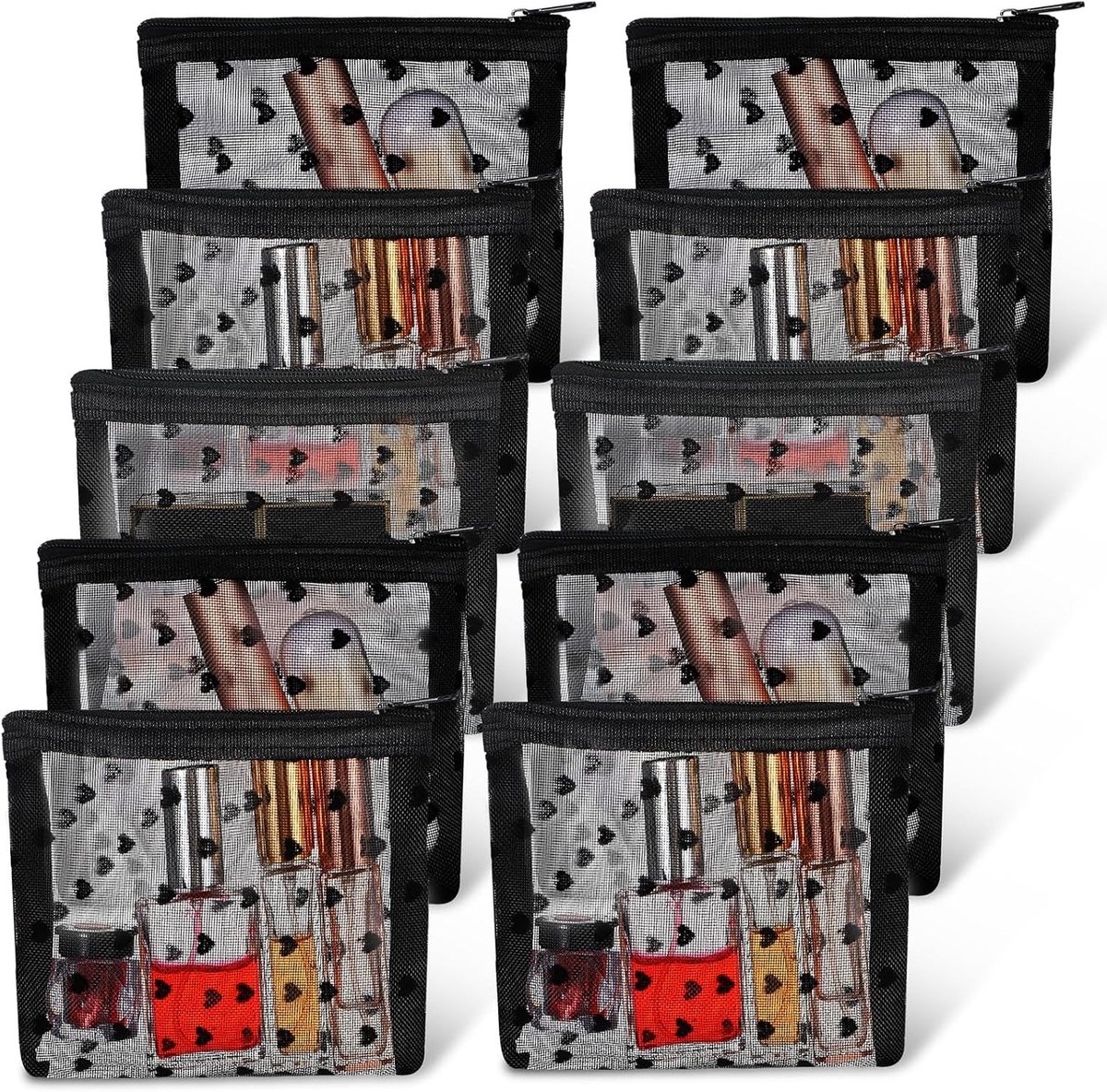 Set van 10 hartvormige make-up tassen, 3D hart print, mini mesh opbergtas voor lipstick en accessoires, ideaal voor reizen en dagelijks gebruik, zwart en schattig