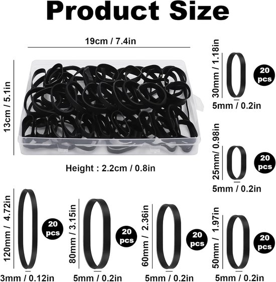 Set van 120 Zwarte Rubber Elastieken voor Kantoor, Thuis, Industrie en Kamperen - 6 Maten van 2.5 tot 12 cm — afbeelding 5