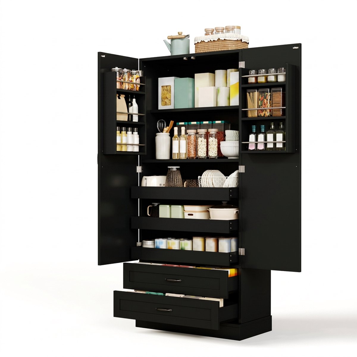 Vrijstaande hoge MDF keukenkast met 3 uittrekbare planken-voorraadkast-2 lades en deurplanken – 80x37.5x80 cm-voor eetkamer en woonkamer