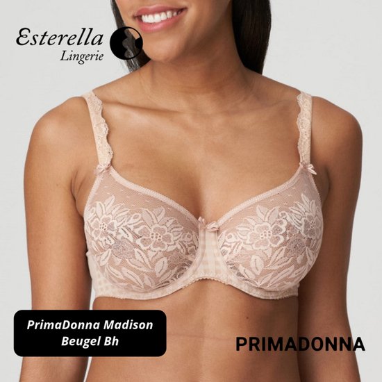 Een lichtroze PrimaDonna Madison beugelbeha met kanten bloemenbroderie, ruitpatroon en strikje.