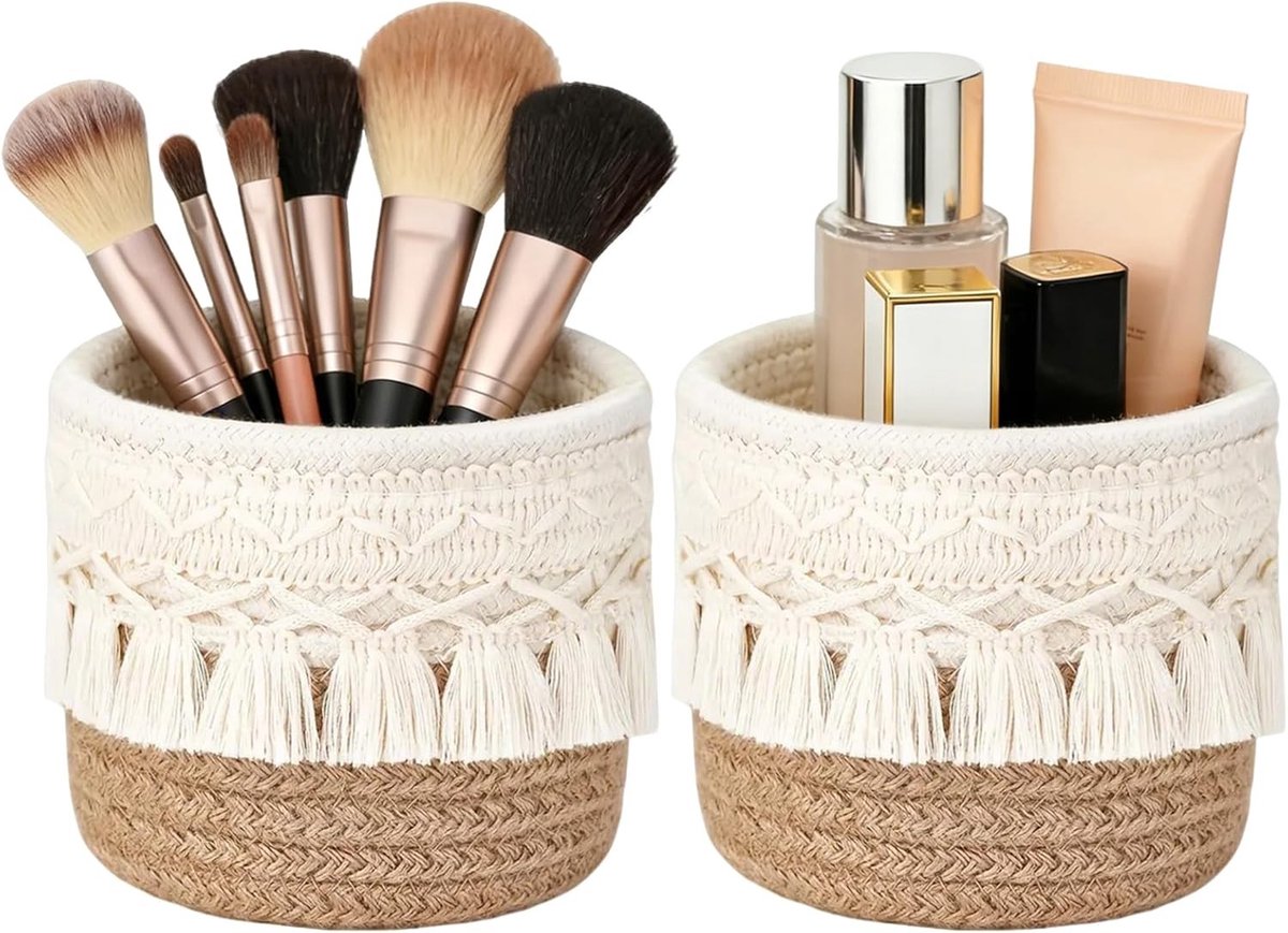 Handgemaakte make-upkwasten met organizer en gevlochten opbergdoos van katoenen touw, ronde borstelhouder in boho-stijl voor cosmetica, lippenstiften en make-uptafel, 10 x 10 cm