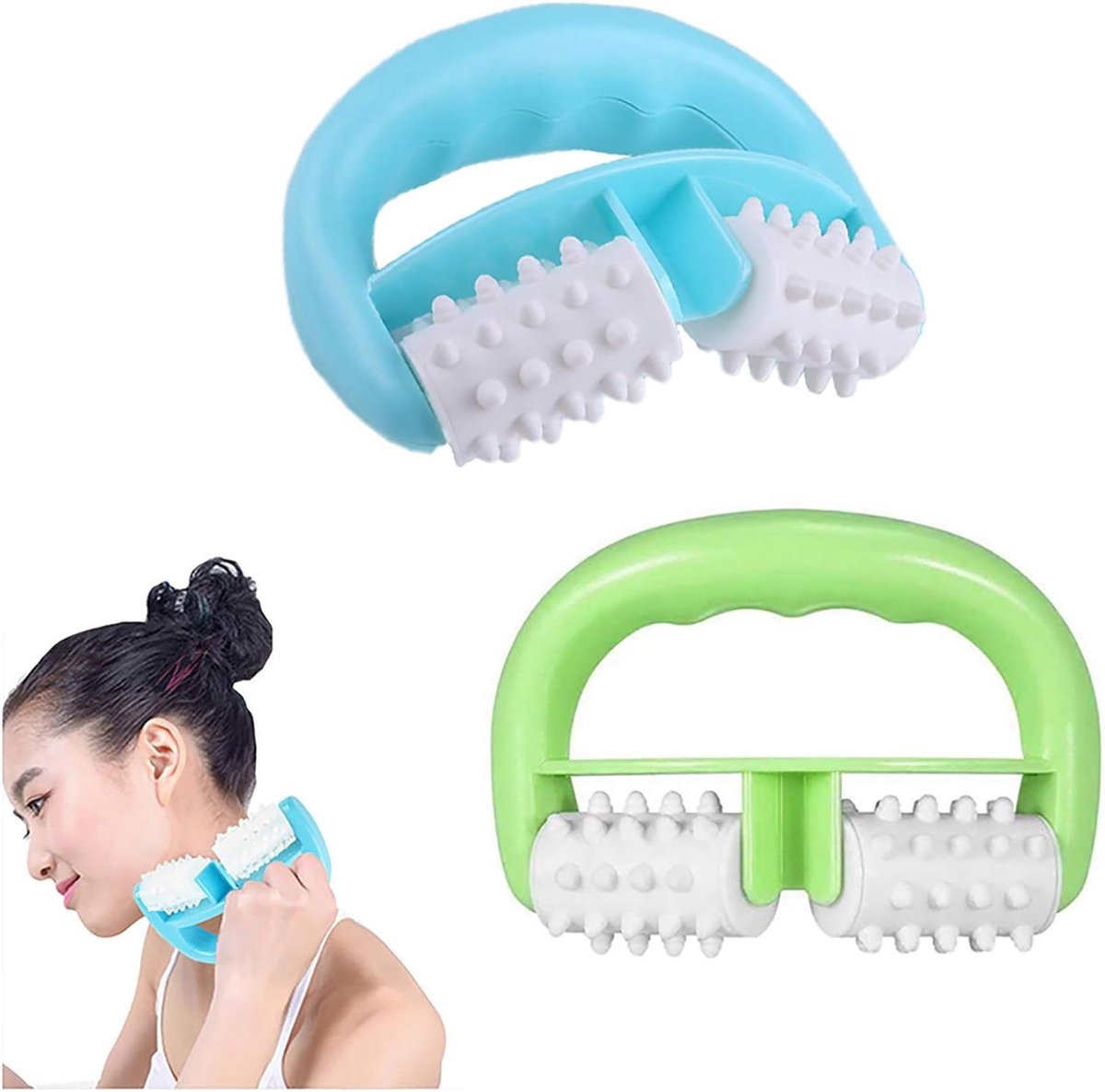 Massageroller set - Huidroller - Lichaamsverzorging - Ergonomisch D-handvat - 2 stuks - Blauw en groen