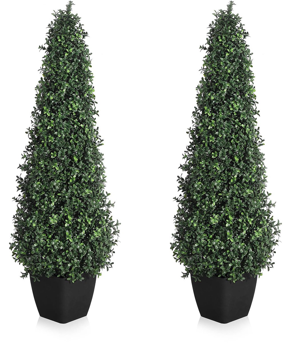 90cm Realistische UV-bestendige kunstbuxus topiaris (set van 2) – kegelvormige kunstheesters met pot, decoratie voor binnen en buiten, voordeur, terras en tuin