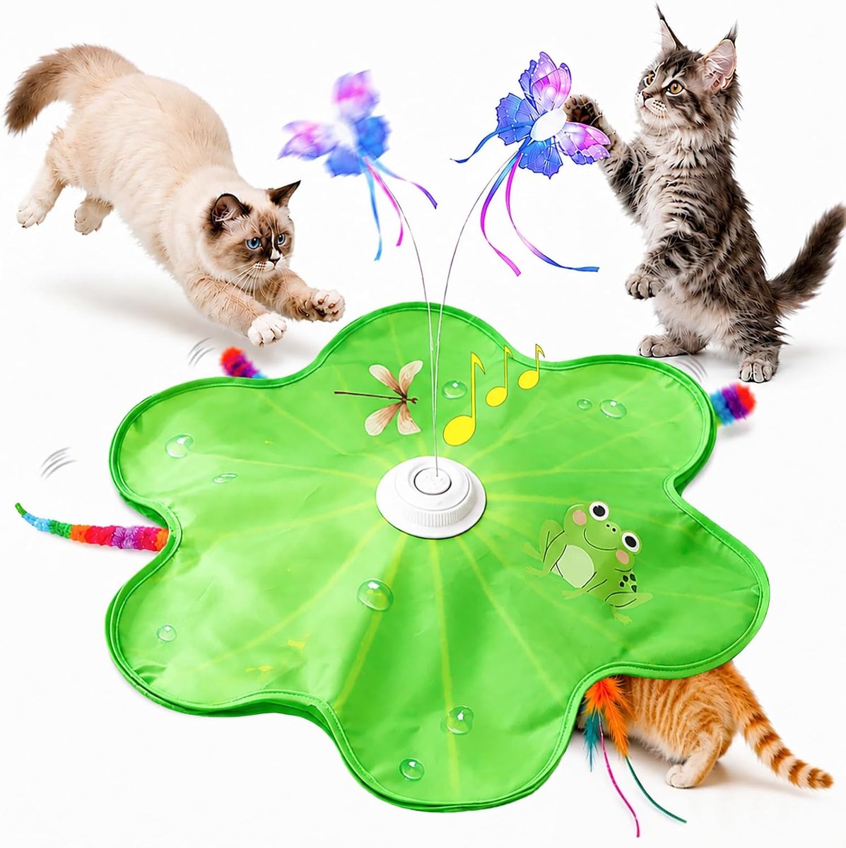 Interactief kattenspeelgoed – Oplaadbaar – Met automatische speelfunctie en vogelgeluiden – 3-in-1 verstoppelspeelmat – Inclusief fladderende vlinder, bewegende veer en pluche staart – Ideaal voor volwassen katten en kittens (binnenshuis) – Groen