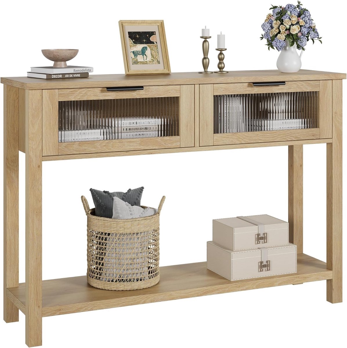 Landelijke Sidetable - Consoletafel met 2 Laden en Opbergplank - Wandtafel voor Hal, Woonkamer of Slaapkamer - Robuust & Stijlvol - Houtlook