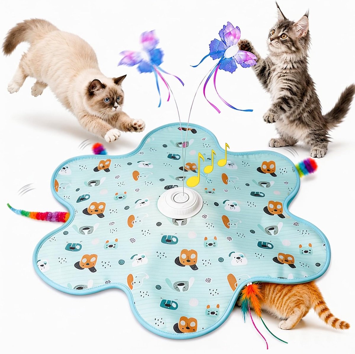 Interactief kattenspeelgoed – Oplaadbaar – Met automatische speelfunctie en vogelgeluiden – 3-in-1 verstoppelspeelmat – Inclusief fladderende vlinder, bewegende veer en pluche staart – Ideaal voor volwassen katten en kittens (binnenshuis) – Blauw