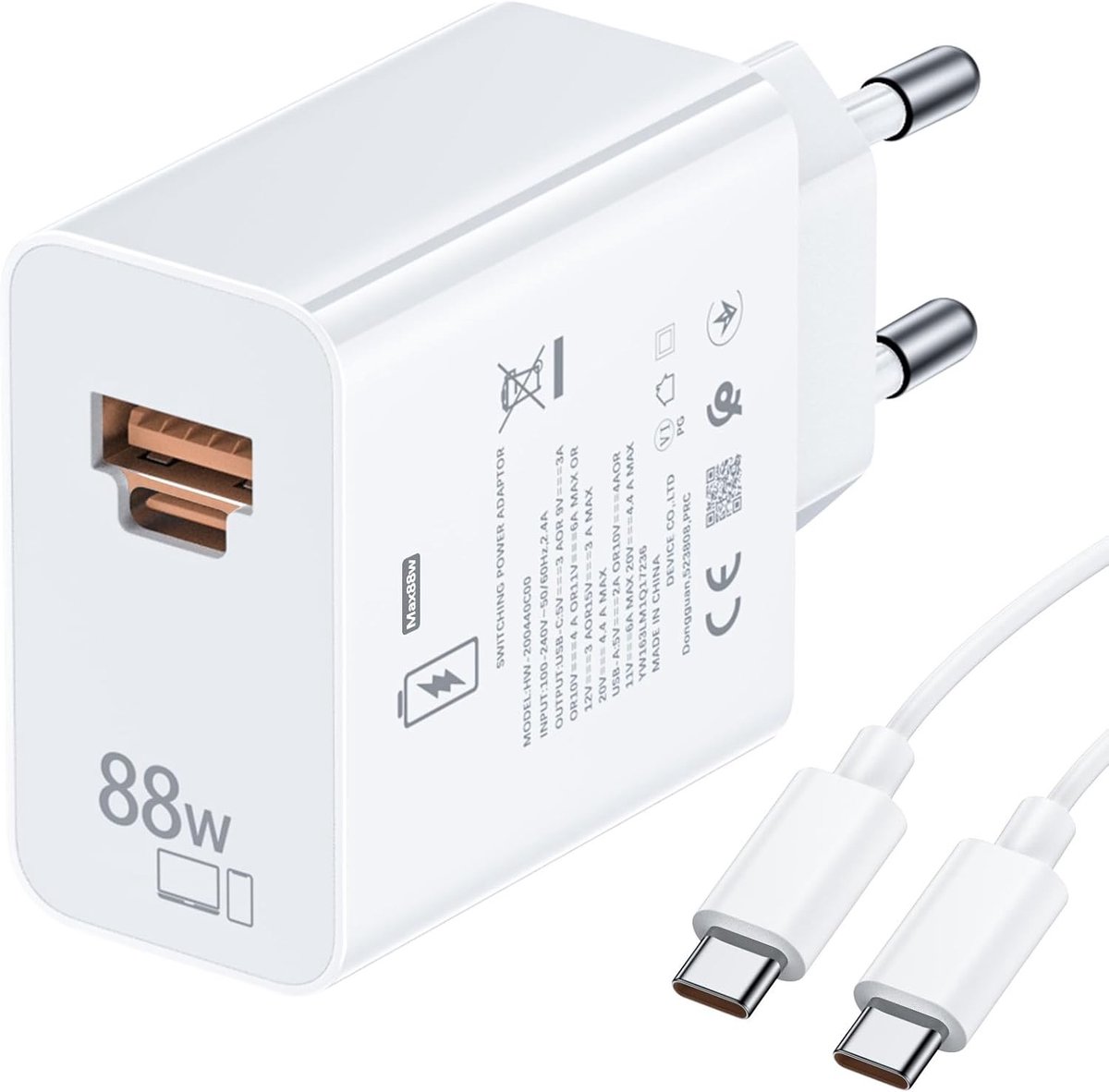 Krachtige 88W USB C Snellader met 2 Poorten en 6A USB C Kabel voor Honor Smartphones en Tablets