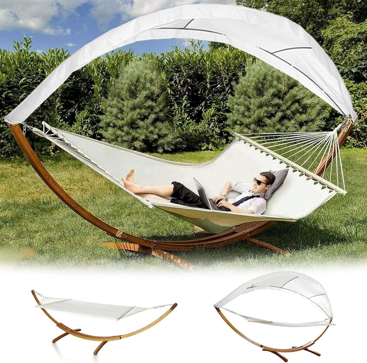 Hangmat met frame - Buitenligbed - Tuin ontspanning - Inclusief zonnedak - 200 x 150 cm - Wit