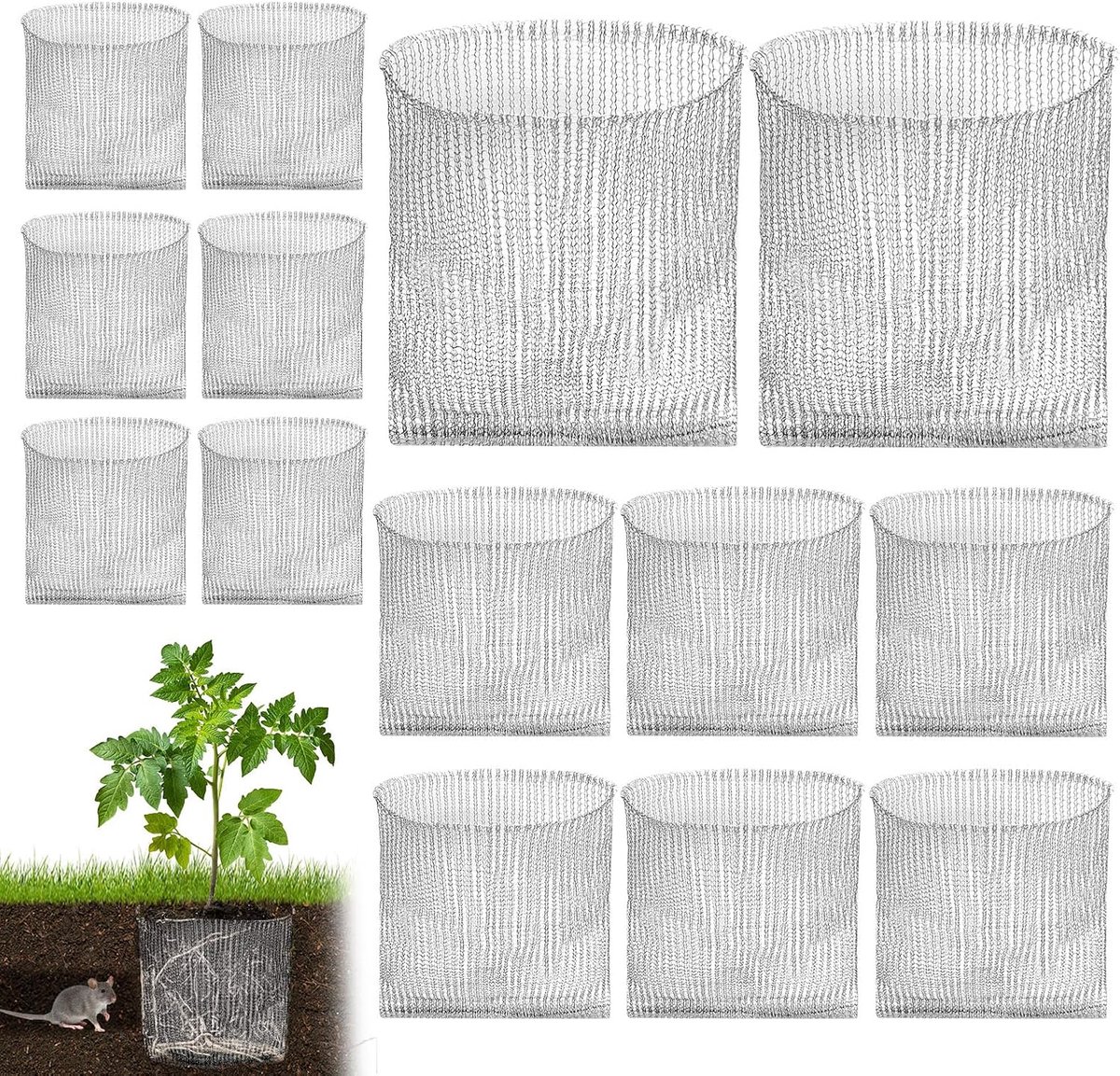 KZQ Set Van 14 Roestvrijstalen Plantmanden En Gaaszakken – Effectieve Bescherming Van Wortels Tegen Woelmuizen Voor Tuin En Moestuin