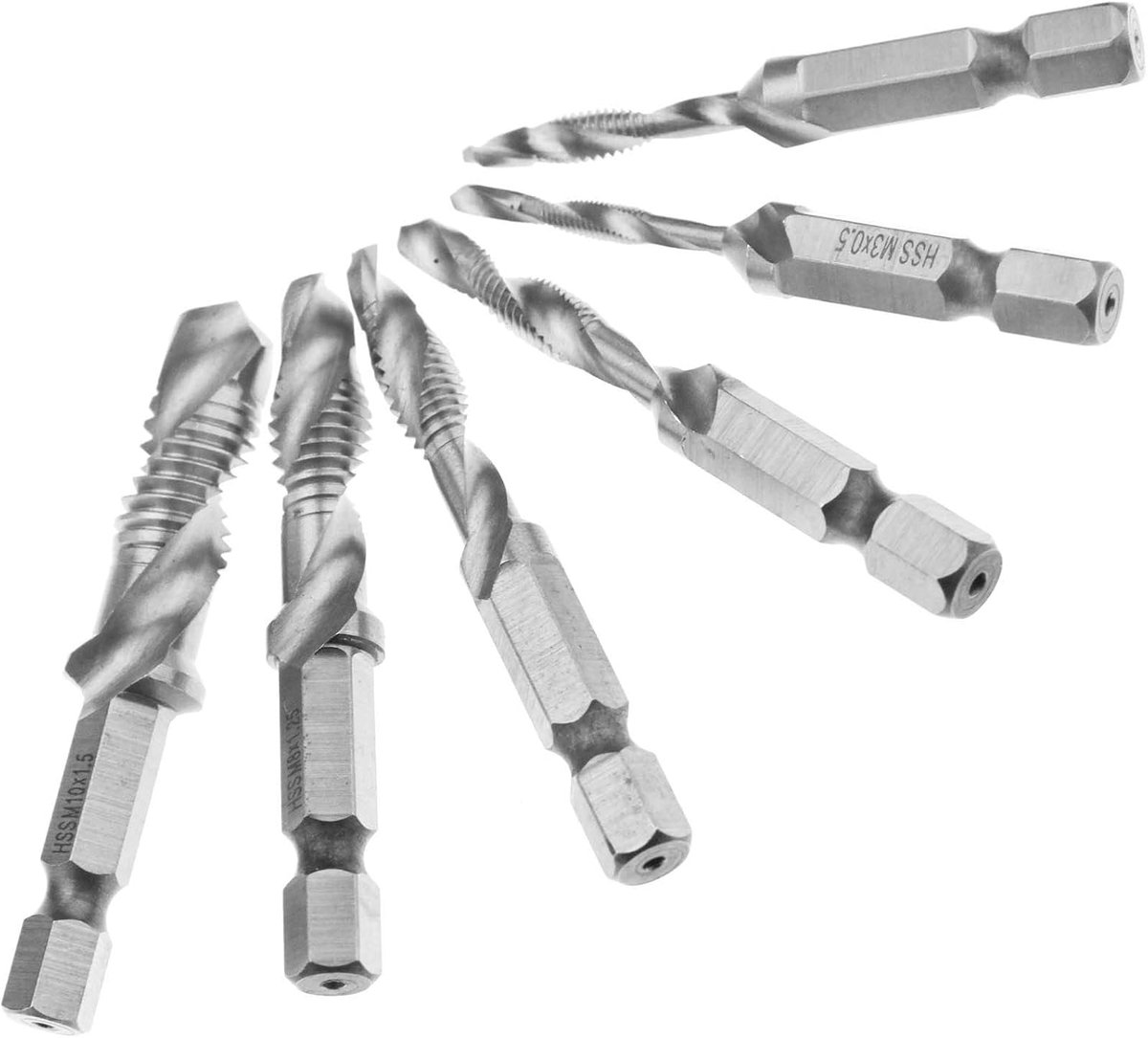 SnelShoppen - 6PCS HSS Spiral Tap Boor Set - Hoge Snelheid Staal 1/4" Hex, Zelfcentrerend, Geschikt voor Metaal en Aluminium, Snelle Vervanging, Ideaa