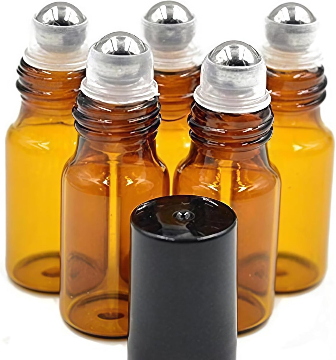 SnelShoppen - 24 Stuks Amber Lege Glazen Roll-On Flesjes met Metaal Rollerbal en Zwarte Doppen voor Etherische Olie, Parfum, Lipgloss en Balsems (5ml)