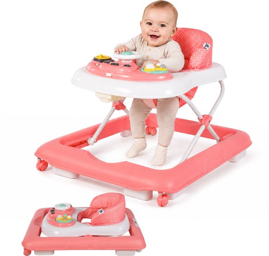 Roze loopstoel met speelblad, een baby zit erin met een brede glimlach.