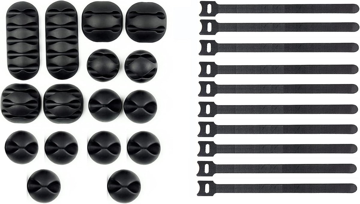 SnelShoppen - 16 Stuks Kabelclip Houder met 10 Kabelbinders, Bureau Kabel Organizer, Kabelbeheer, Zwart, Zelfklevend, Thuis en Kantoor