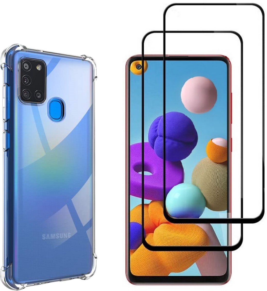Hoesje geschikt voor Samsung Galaxy A21S backcover Shockproof siliconen Transparant en 2 stuks Screenprotector Gehard Glas Zwart