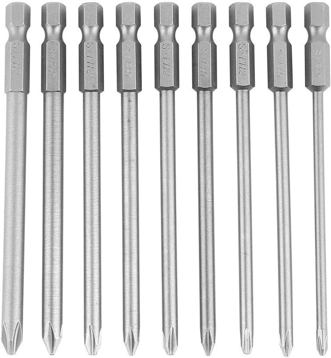 SnelShoppen - PH1 PH2 Schroevendraaier Bits Set 9-delig 100mm S2 Staal, Hex Shank, Duurzaam en Veelzijdig voor Klussen en Gereedschap