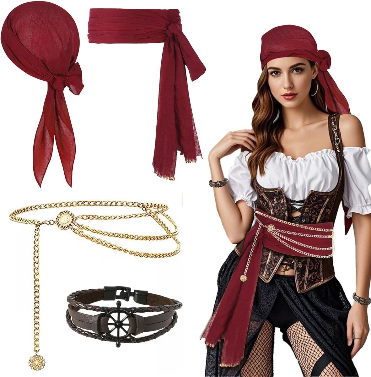 Piratenkostuum Accessoires Set met Bandana, Sash, Armband en Tailleketting voor Halloween en Cosplay Feesten
