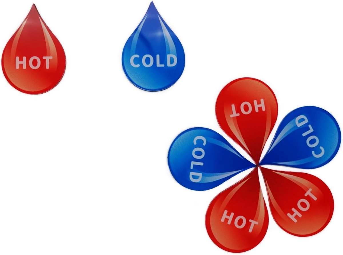 Zelfklevende Acryl Labels voor Koud en Warm Water in Druppelvorm, Blauw en Rood - 1 Paar, Waterbestendig en Duurzaam