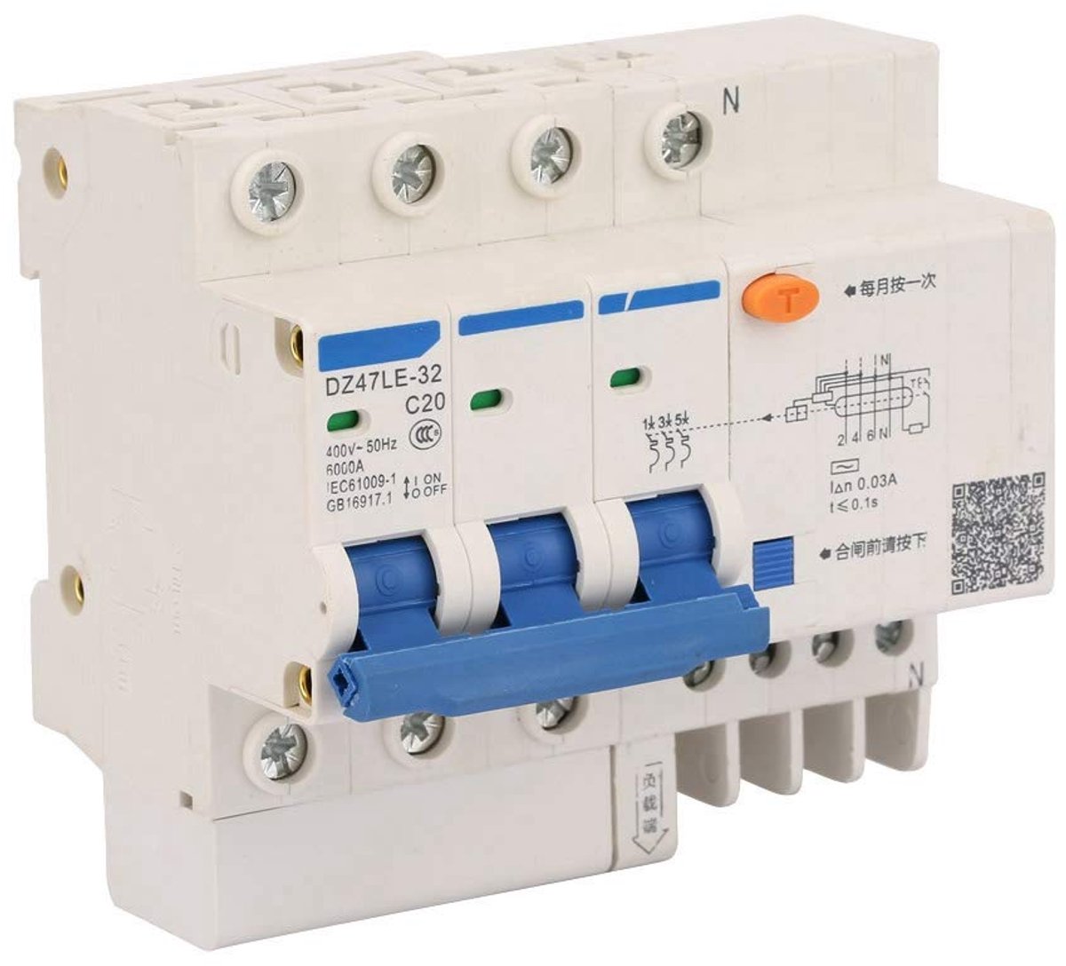 SnelShoppen - Circuitonderbreker DZ47LE-32 3P + N C20 met lekbeveiliging 400V 20A, compact en eenvoudig te installeren, ideaal voor thuis en professio