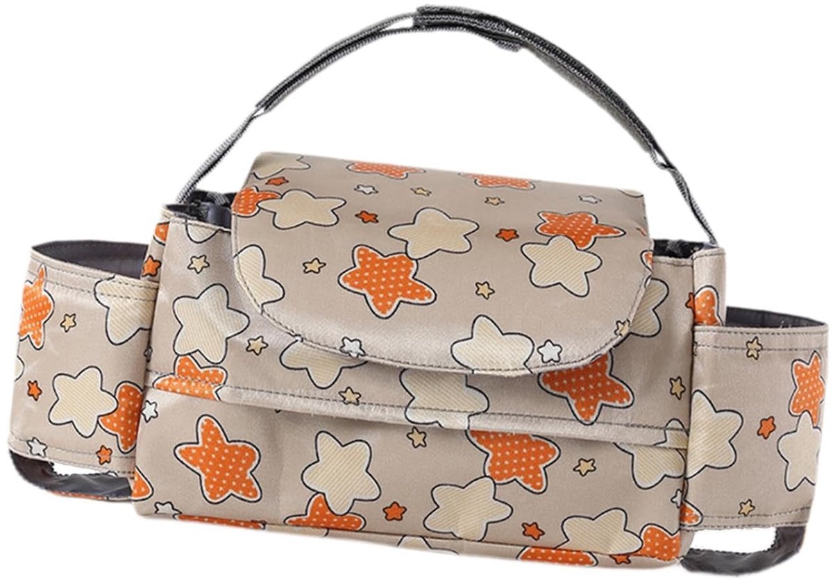 Universele opbergtas voor kinderwagen - Ophangbare luiertas voor in het autostoeltje met bekerhouder en tissuebox - Ophangbaar - Past op de meeste kinderwagens - Khaki Star