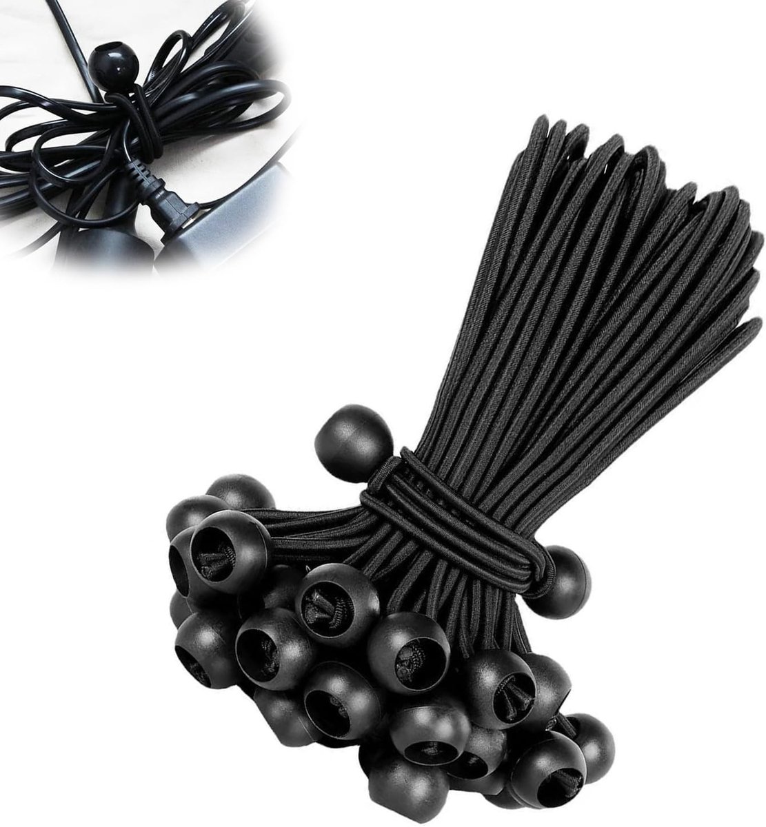 Elastische koorden met bal, set van 20 rubberen spanningstouwtjes van 30 cm, ideaal voor tenten, gordijnen en banners, zwart
