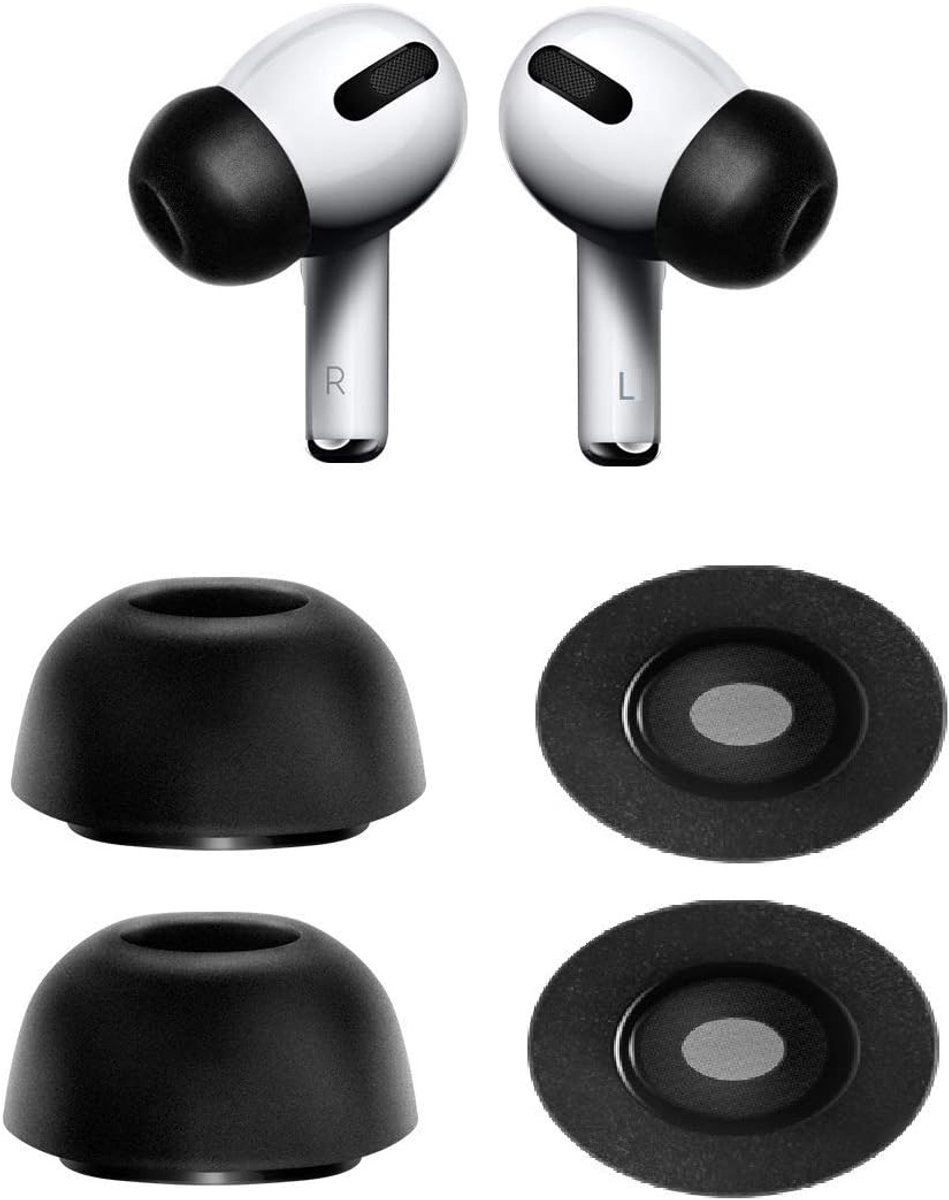 SnelShoppen - Groot formaat traagschuim oordopjes voor Apple AirPods Pro, ruisonderdrukkende schuimtips met stofbeschermnet, 2 paar, zwart, maat L, vo