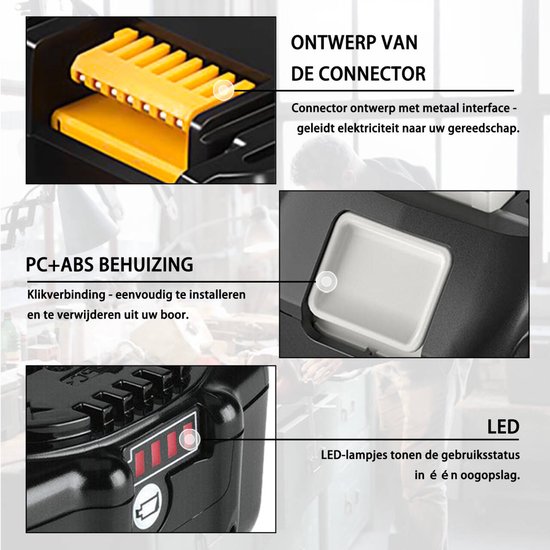 Details van een gereedschapsbatterij: connector met geleider, PC+ABS behuizing, klikverbinding, en LED-lampjes voor gebruikstatus.
