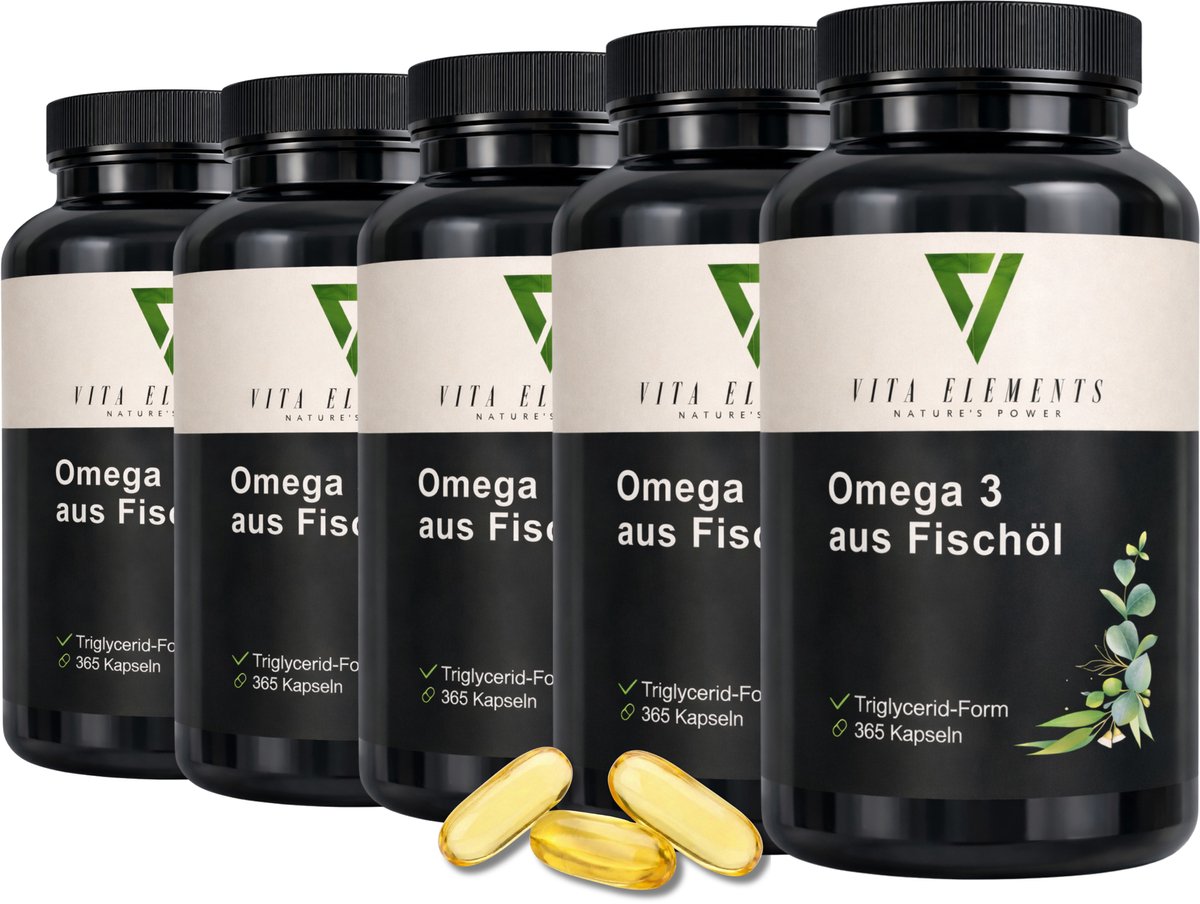 Vita Elements Omega 3 Visolie Capsules - Rijk aan EPA en DHA met Vitamine E - Voedingssupplement voor Hart, Hersenen en Ogen - 365 Capsules Set van 5