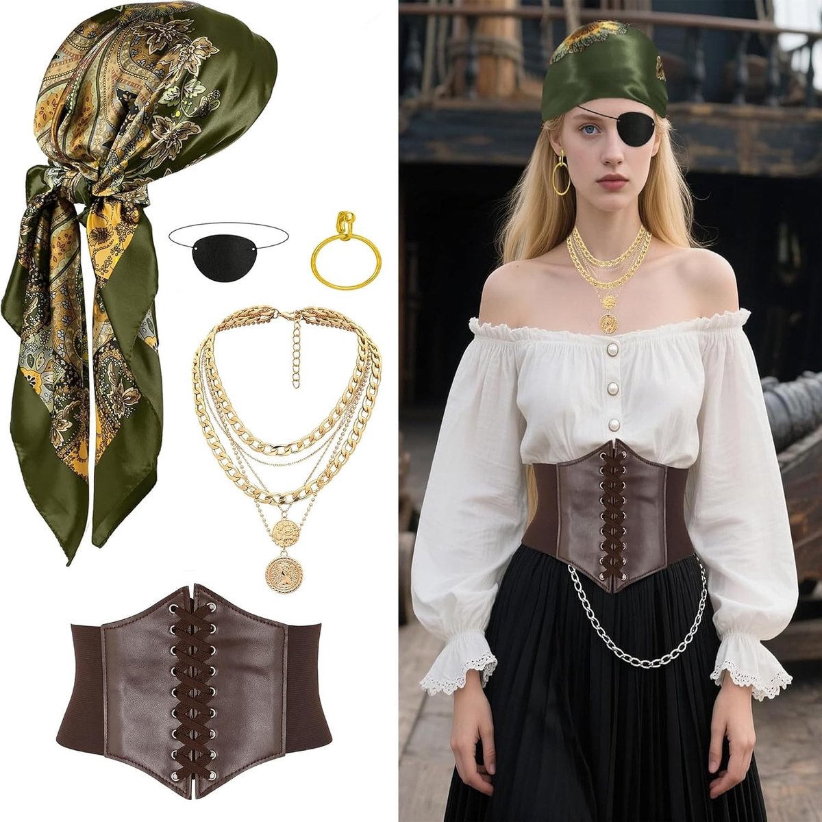 Piratenkostuum voor dames met 9 accessoires, inclusief hoofddoek, ooglap, ketting en oorbellen voor carnaval en themafeesten