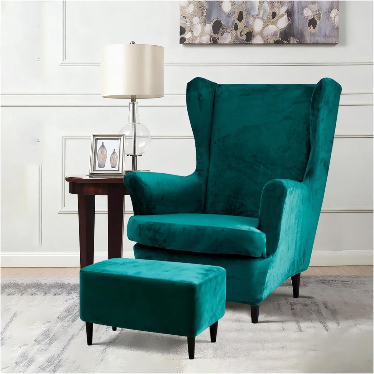 Comfortabele Retro Armstoel met Poef en Verlengde Katoenen Armleuningen, Stofbestendig en Wasbaar, Perfect voor Woonkamer en Restaurant (Groen)