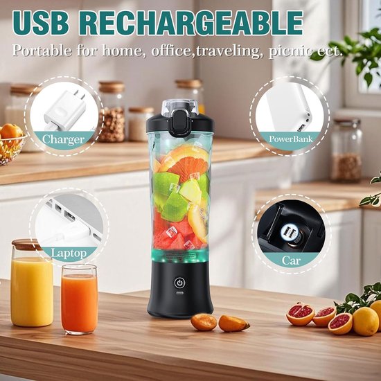 Draagbare mixer - Sapcentrifuge to go - Gezonde drankjes maken - 6 roestvrijstalen messen - 600 ml - Zwart — afbeelding 5