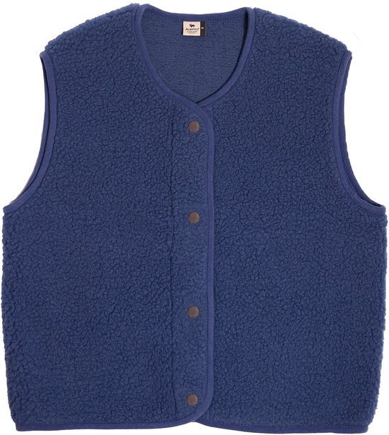 Donkerblauwe teddy bodywarmer met drukknoopsluiting en een contrasterende bies aan de hals en zoom.