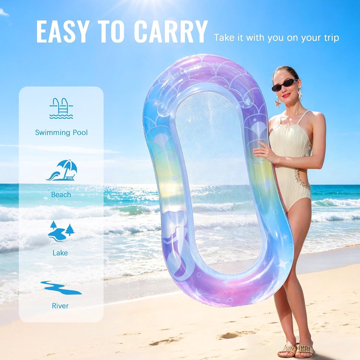 Opblaasbare Zwemstoel - Opblaasbare Pool Float Volwassene - Zwemstoel met Rugleuning en Mesh Zitting - Drijvende Ligstoel voor Zwembad - Opblaasbare Waterstoel voor Strand Meer en Vakantie - Max. 210 kg – foto 7
