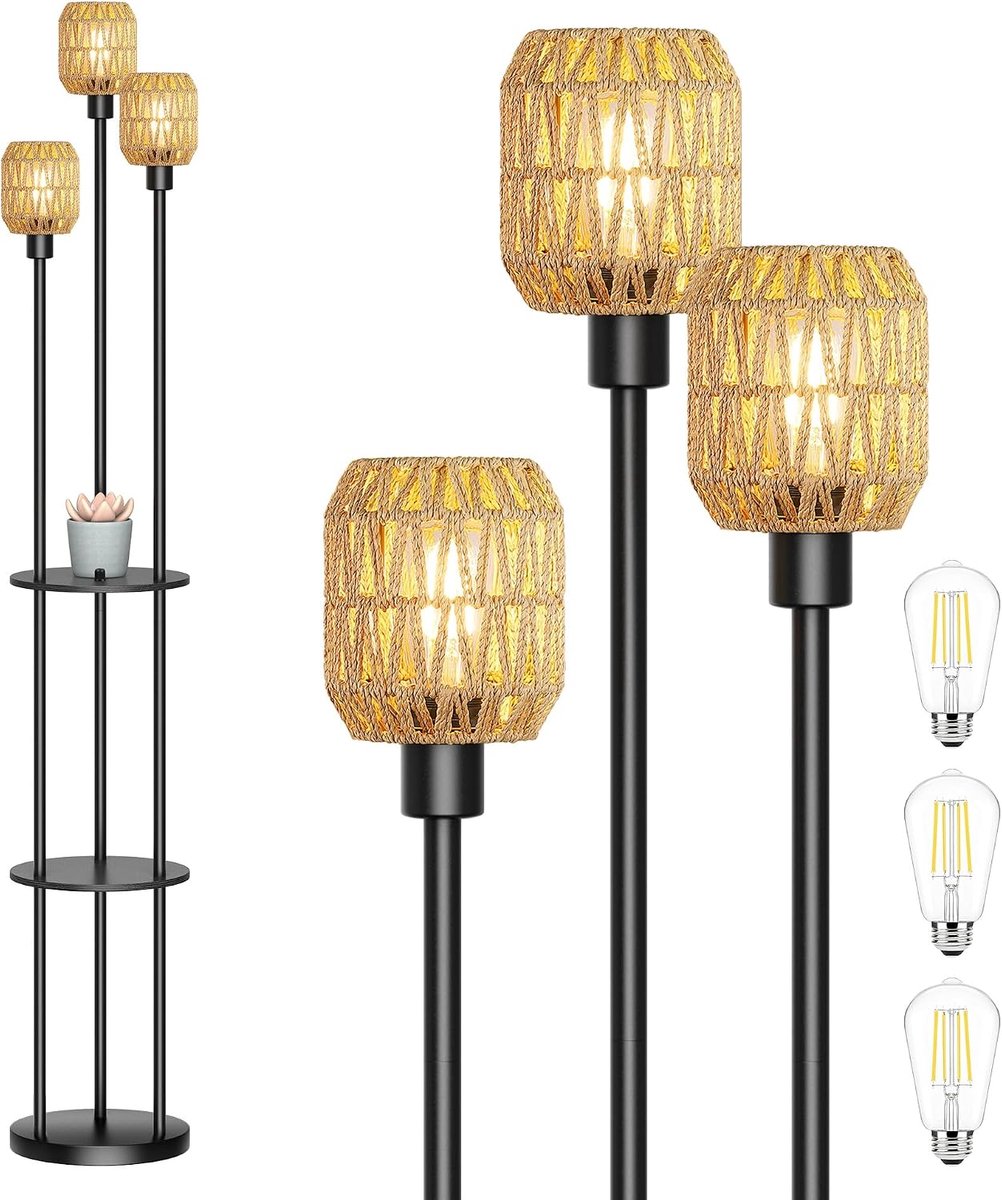 Home & Beyond® Boho Vloerlamp met Planken en 3 Lichtpunten - Dimbare Leeslamp met Rotan Lampenkappen - Zwart en Beige - 30 x 30 x 180 cm