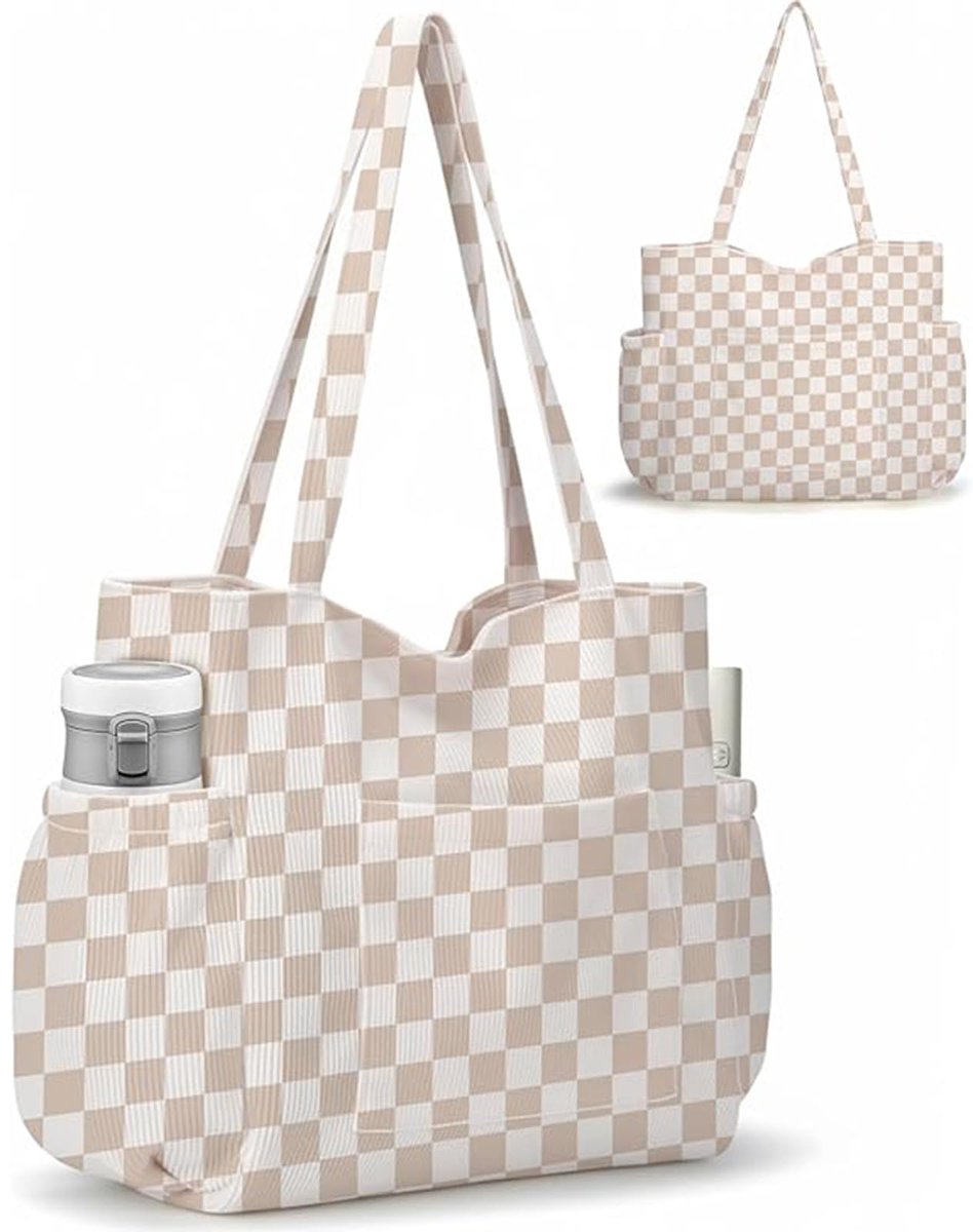 SnelShoppen - Grote Corduroy Tas Dames, Beige Geruite Schoudertas, Herbruikbare Shopper met Ritssluiting, Meerdere Vakken voor Werk School Sportschool