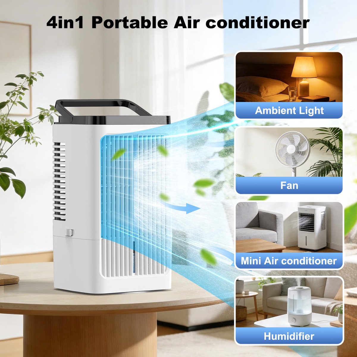 SnelShoppen - 4-in-1 mobiele airconditioning met afvoerlucht, 1200 ml, stille luchtkoeler met 2 nevelmodi, timer en 90° oscillatie voor kantoor, keuke
