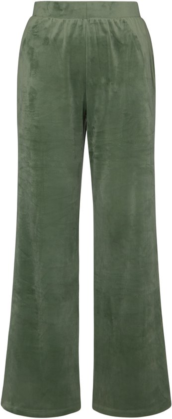 Groene fluwelen pyjamabroek met wijde pijpen en elastische tailleband.
