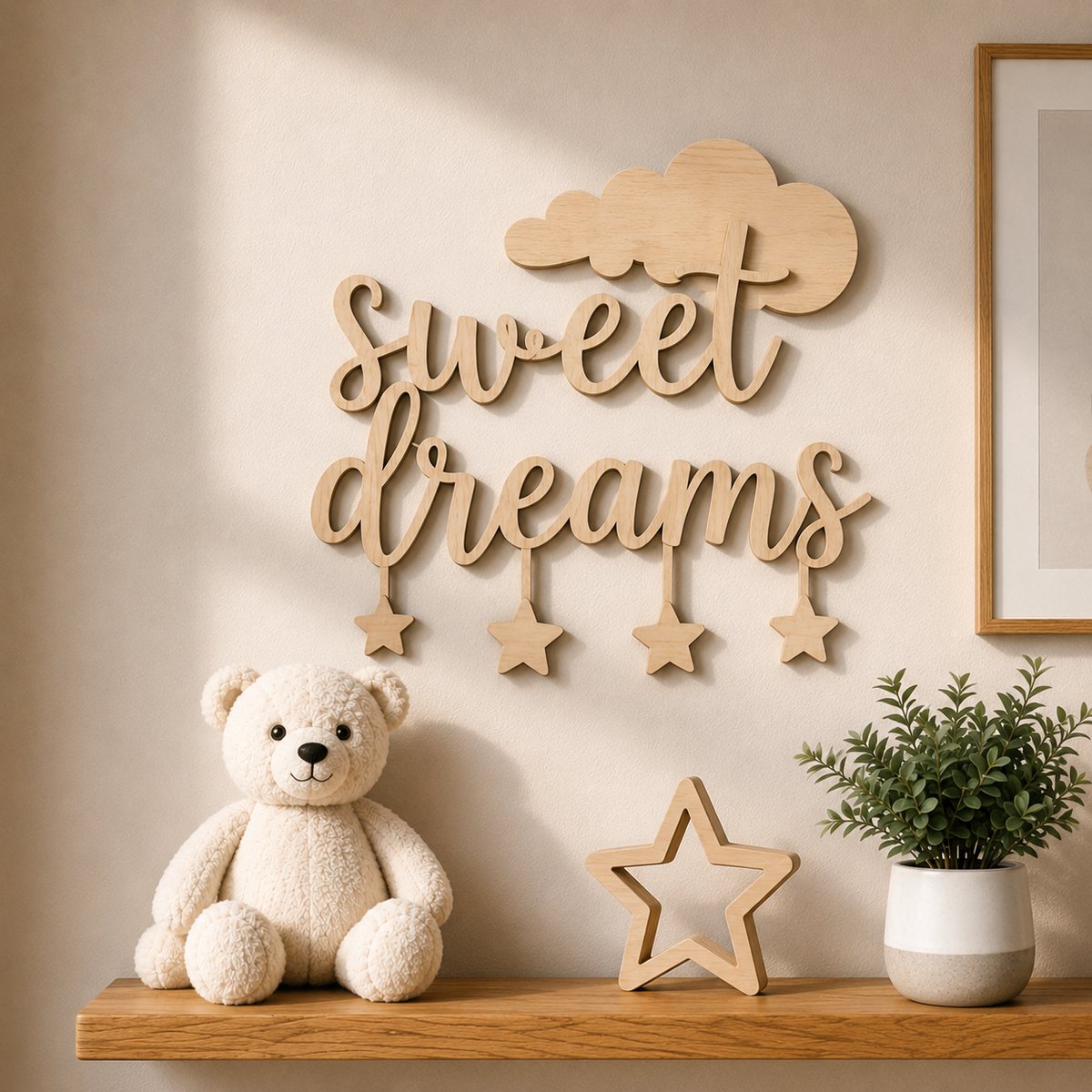 Houten Muurdecoratie "Sweet Dreams" – 40 x 40 cm – 5 mm Multiplex – Kinderkamer Wanddecoratie met Wolk & Sterren – Natuurlijk Hout