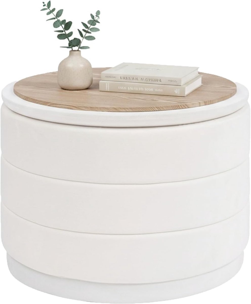 SnelShoppen - Ronde Voetenbank met Deksel, Inklapbare Voetensteun en Tafel, Fluwelen Voetenbank voor Woonkamer, Slaapkamer en Hal, Wit, 58 x 58 x 44 c