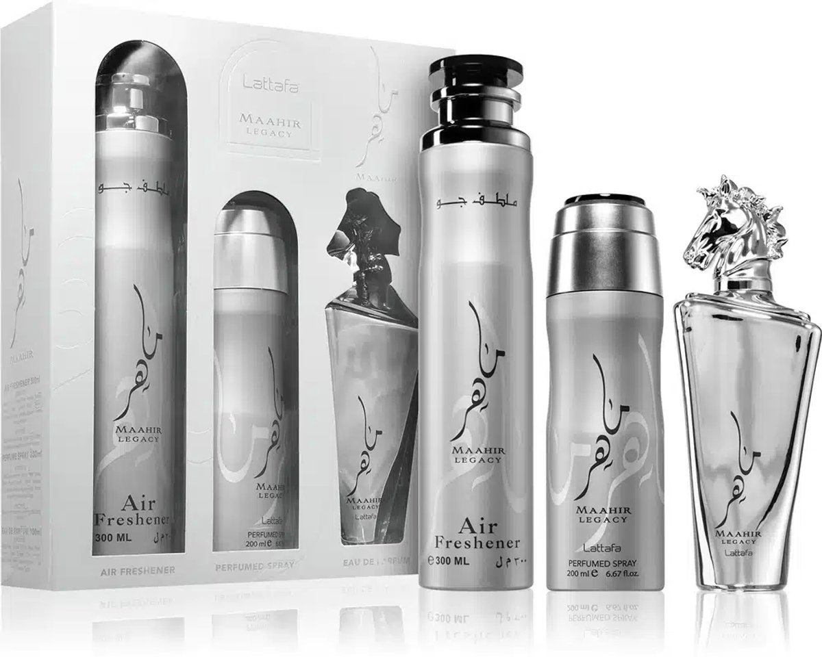 Lattafa Maahir Legacy Set Edp 100 Air Freshener 300ml Perfum Spray 200ml