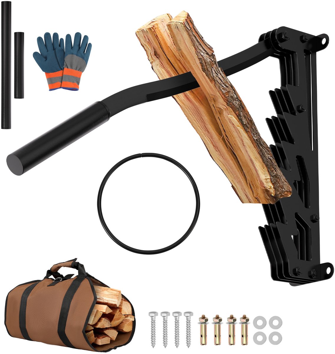 Houtklover wandmodel voor aanmaakhout – handmatige houtsplijter met verlengde hendel – zwart – incl. handschoenen en houttas