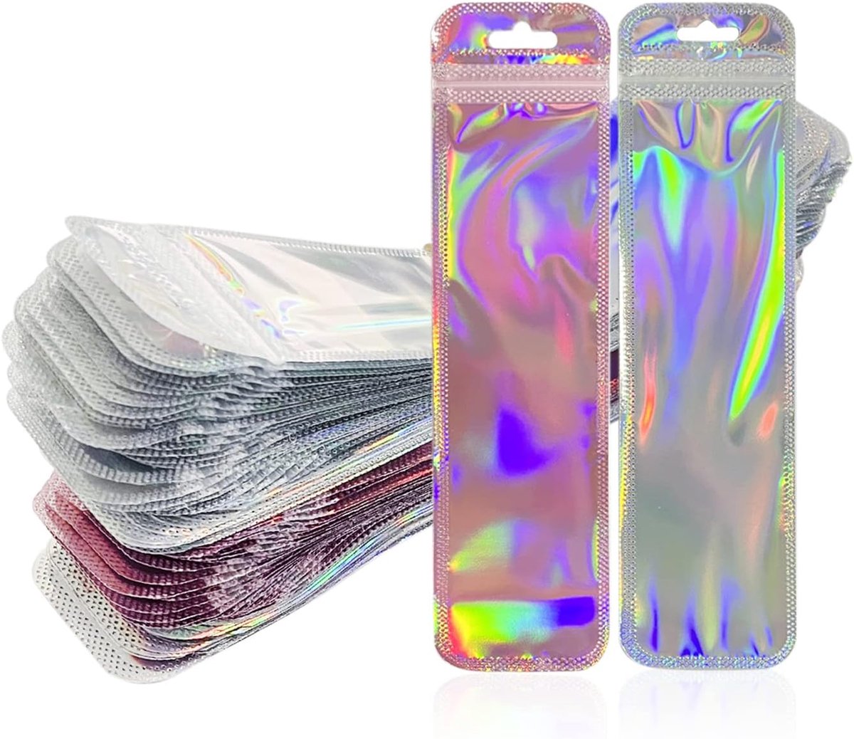SnelShoppen - Pack van 100 holografische zakken van aluminiumfolie, zip, hersluitbaar en thermisch verzegeld voor voedselopslag (5.5 x 22 cm) - Roze e
