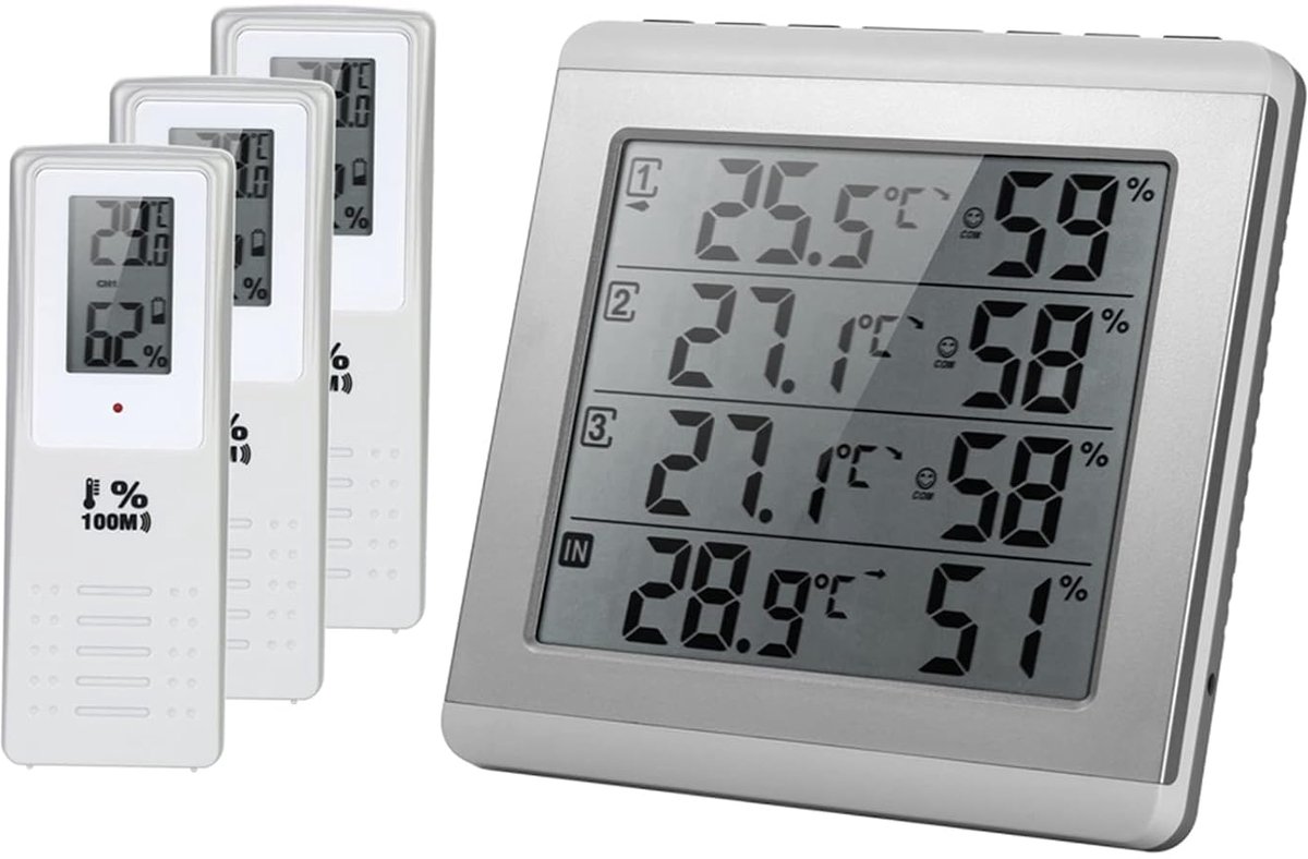 SnelShoppen - Verbeterde Binnen-Buiten Thermometer, Groot Display Vier Kanaal Temperatuur en Vochtigheidsmeter voor Thuis, Alarmregistratie Max/Min