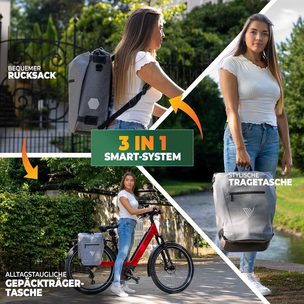 Fietstas voor bagagedrager - Grijs - 3-in-1 Rugzak, Waterdichte Tas met Laptopvak - Voor Fietsers