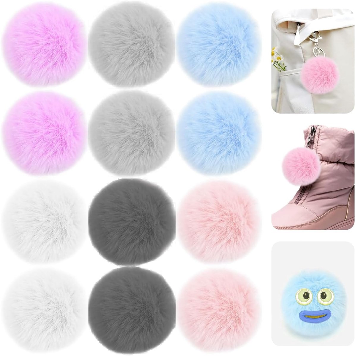Pluche Pompoms Set van 12 - Kunstmatige Pluche Vossenbont - Fluffy Pompoms met Elastische Lussen - m-winkel