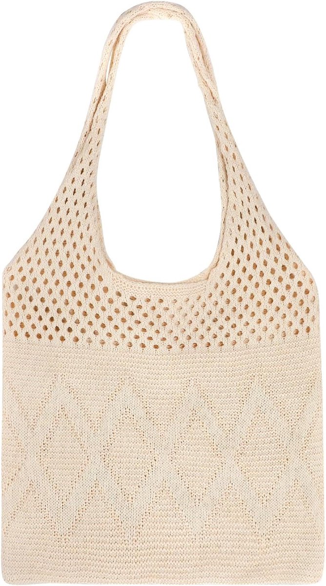 SnelShoppen - Grote Gehaakte Strandtas, Boho Schoudertas voor Vrouwen, Ideaal voor Zomer Vakantie, Knitted Tote Bag, Half Mesh Ontwerp 40x60cm