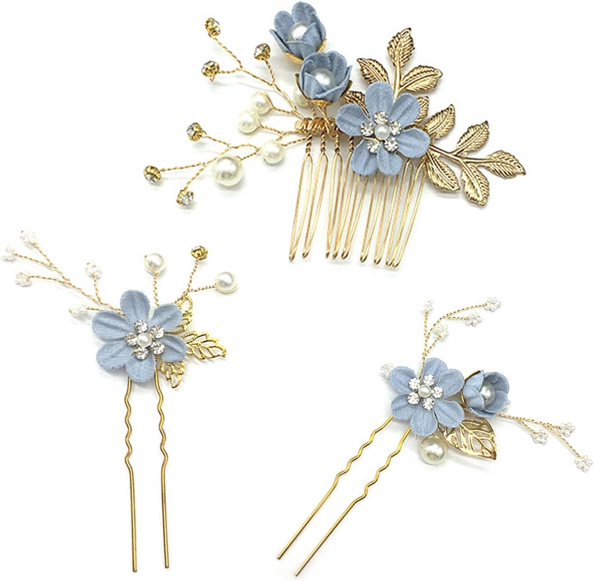 SnelShoppen - 3 Stuks Bruids Haaraccessoire - Strass Haarcombs Bloem Hoofdtooi Haaraccessoires Set met Haarklemmen voor Bruiloft (Blauw)