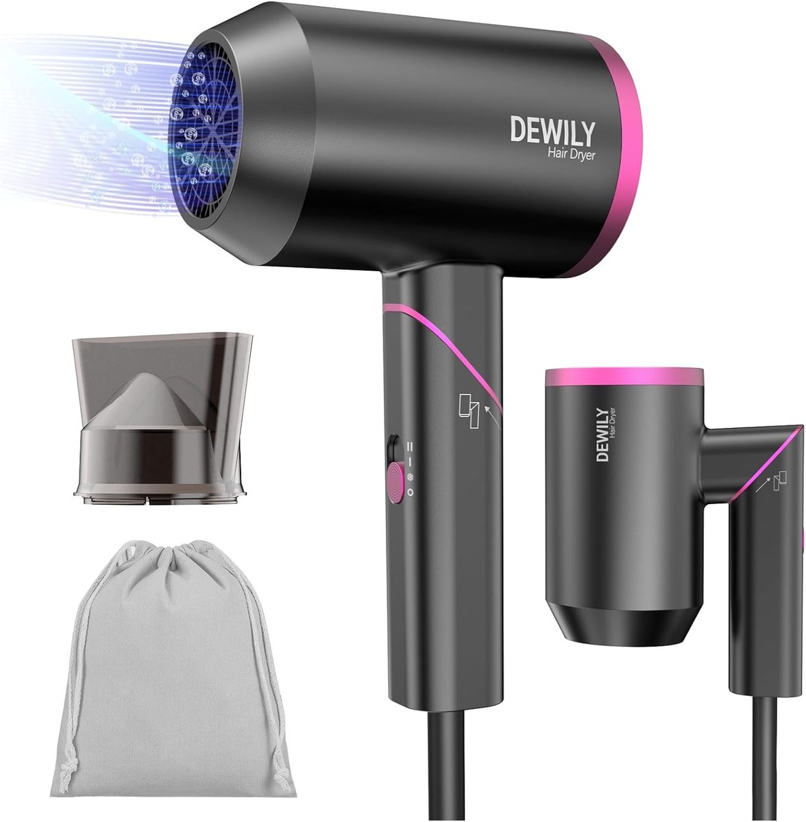 Mini-Haardroger voor Op Reis - Zwart - Compact en Inklapbaar - 1800 W met Ionische Technologie - Voor Dames en Heren