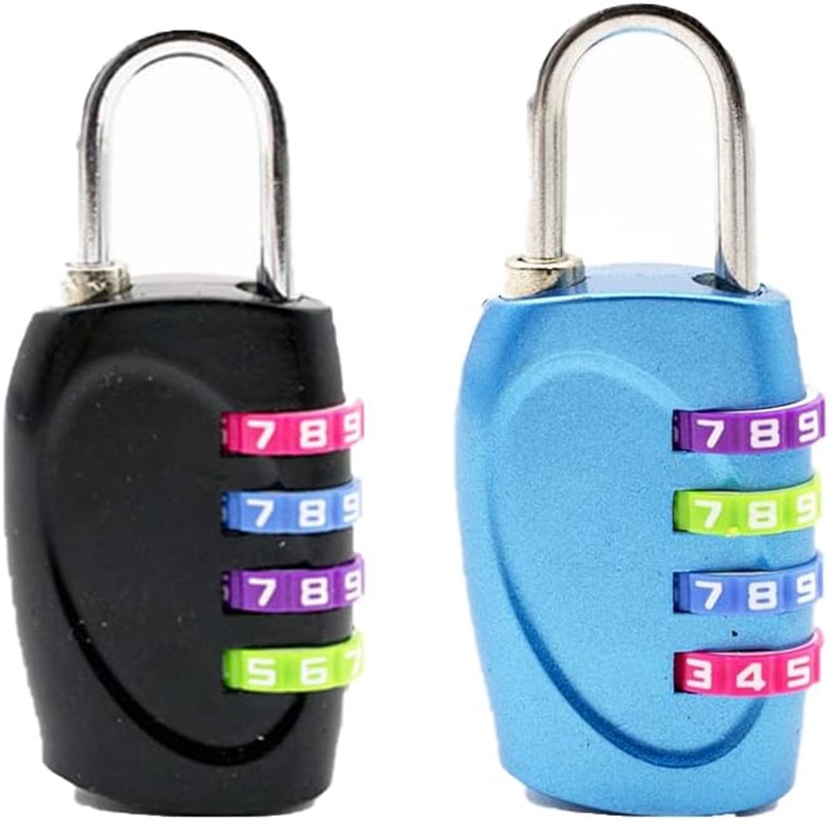 SnelShoppen - 4 Cijfer Combinatie Hangslot, 2 Stuks Luchthaven Koffer Slot met Kleurrijke Codewiel voor Koffer, Tasje, Lade, Kastdeur (Zwart & Blauw)